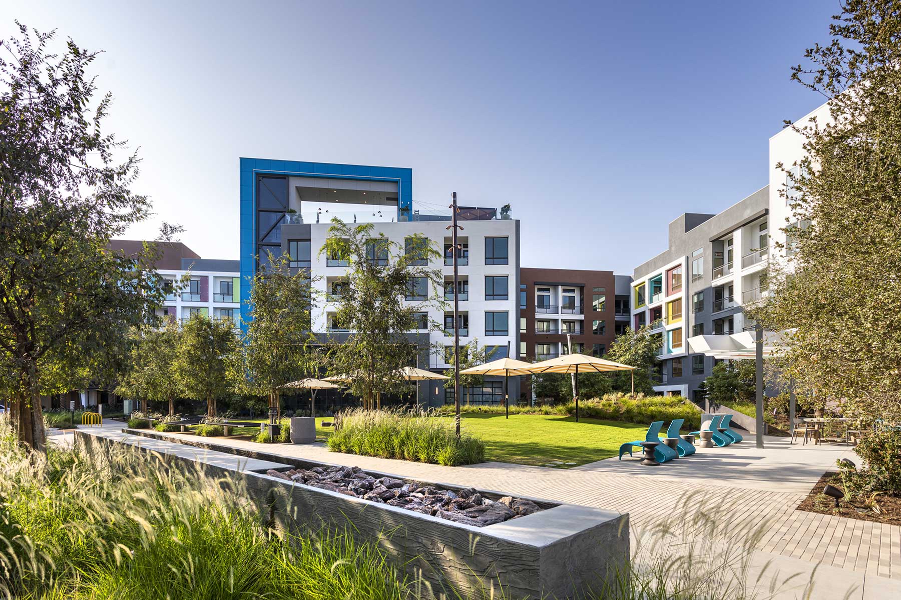 Central park with food truck driveway at Park & Paseo community in orange county, ca